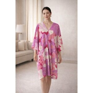 Natori Floral Kaftan Dress Pink Purple White V Neck Kimono Sleeve Beach Cover Up